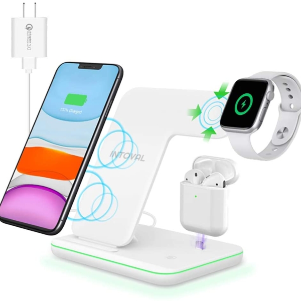 Intoval Wireless Charger, 3 in 1 Charger for iPhone/iWatch/Airpods, Qi-Certified Charging Station for iPhone 12/11/Pro/Max/XS/Max/XR/XS/X, iWatch 6/SE/5/4/3/2, Airpods Pro/2/1 (Z5,White)