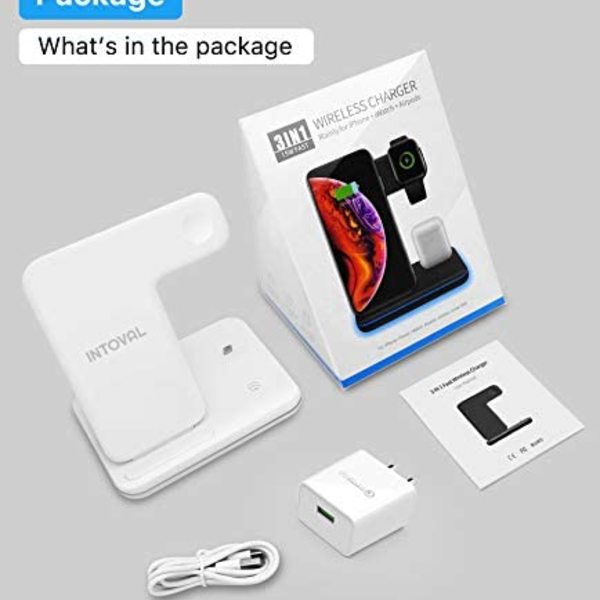 Intoval Wireless Charger, 3 in 1 Charger for iPhone/iWatch/Airpods, Qi-Certified Charging Station for iPhone 12/11/Pro/Max/XS/Max/XR/XS/X, iWatch 6/SE/5/4/3/2, Airpods Pro/2/1 (Z5,White)
